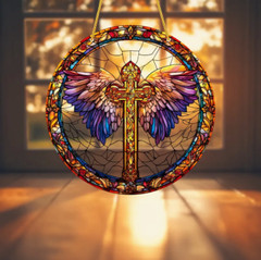 Large Wings of Faith Acrylic Suncatcher, Cross & Angel Wings, Stained Glass Look