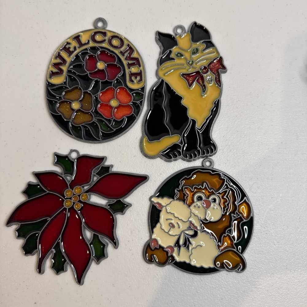 Lot Of Vintage Resin Stain Glass Sun Catchers Cat Poinsetta Lion Lamb Flowers