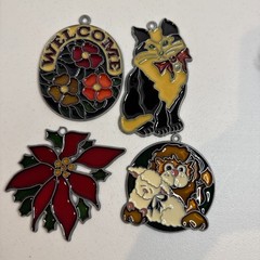 Lot Of Vintage Resin Stain Glass Sun Catchers Cat Poinsetta Lion Lamb Flowers