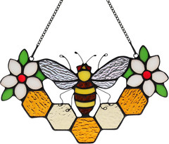 Bee Decor Stained Glass Window Hanging,Honeybee Honeycomb with Flowers Suncatche