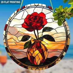 Red Rose Vase Sunset Scenery Acrylic Suncatcher Flower Lover Home Window Decor