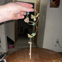 Hanging Mobile Wire & Glass Beads Green Bird with Butterfly Flower Tassel