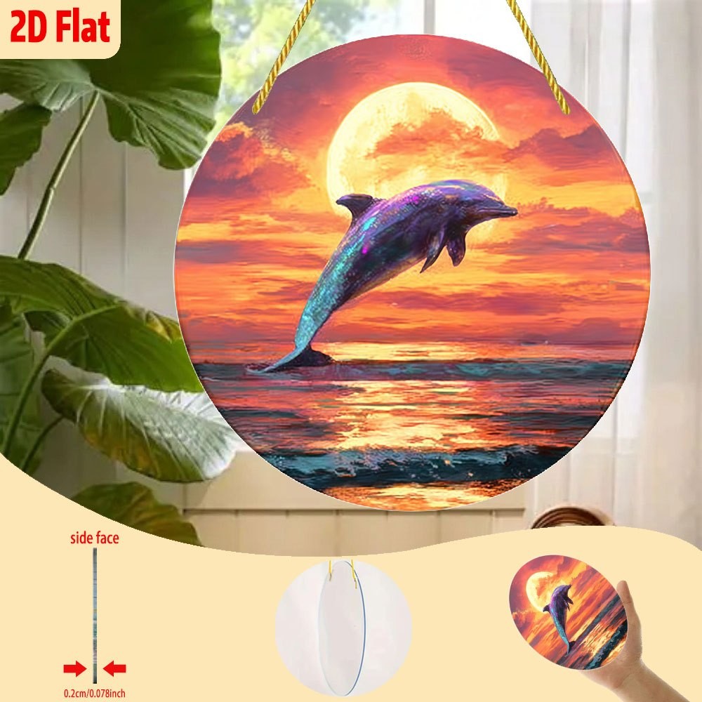 Vintage Leaping Dolphin Sunset Acrylic Suncatcher Coastal Home Wedding Decor