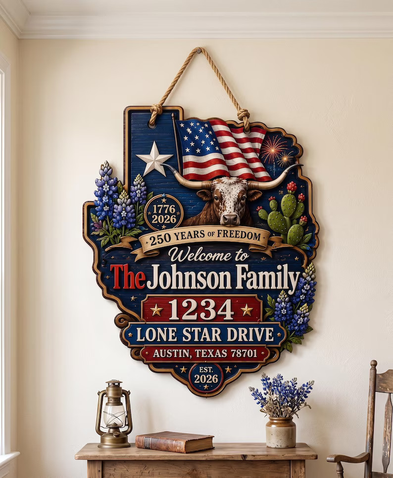 Personalized Texas USA 250th Wooden Sign with Rope