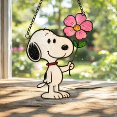 Sno.py Flower Cute Dog with Pink Flower Flat Acrylic Suncatcher