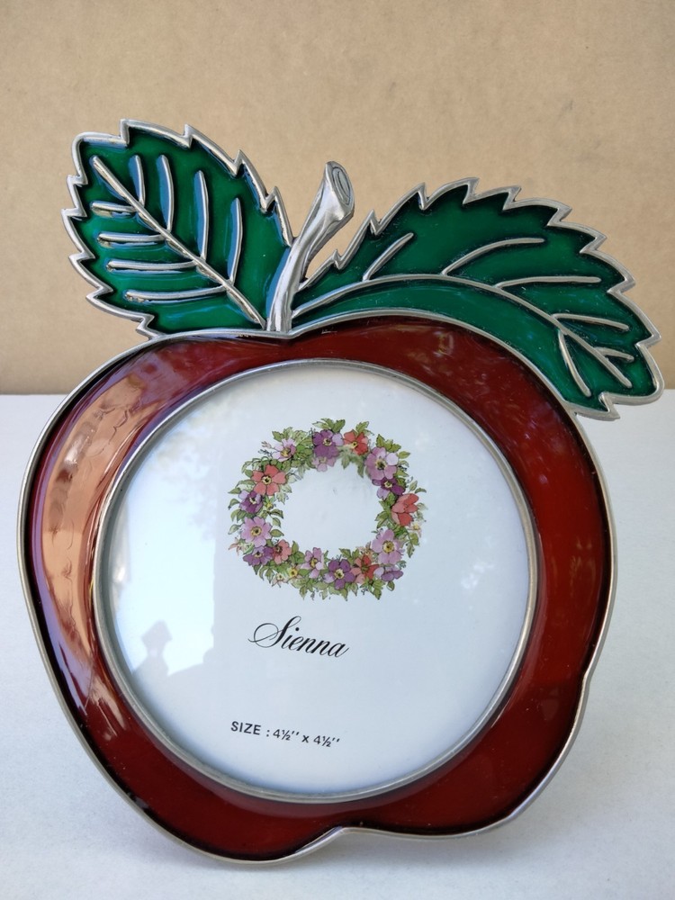Rare Stained Leaded Glass Apple Photo Frame Window Suncatcher 4 1/2′ X 4 1/2″