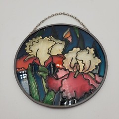 Stained Glass Red & White Poppies Round Blue Green Sun Catcher Round 4.5″