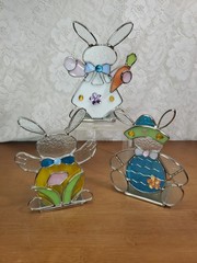 3 Stained Glass Easter Bunny Lot White Yellow Blue Boy Girl Candle Holder