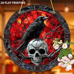 Vibrant Raven on Skull with Red Backdrop Acrylic Suncatcher Window Decor