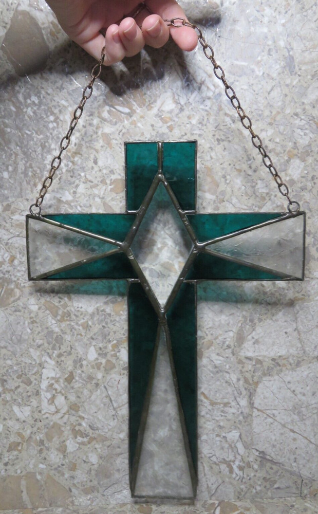 VTG Green Floral Cross Stained Glass Religious Crucifix Suncatcher Window 11″