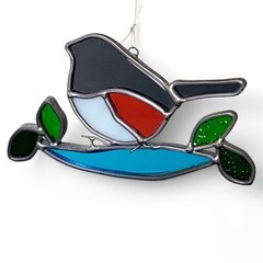 Leaded Stained Glass Robin Bird & Branch Hanging Suncatcher Multicolored Signed