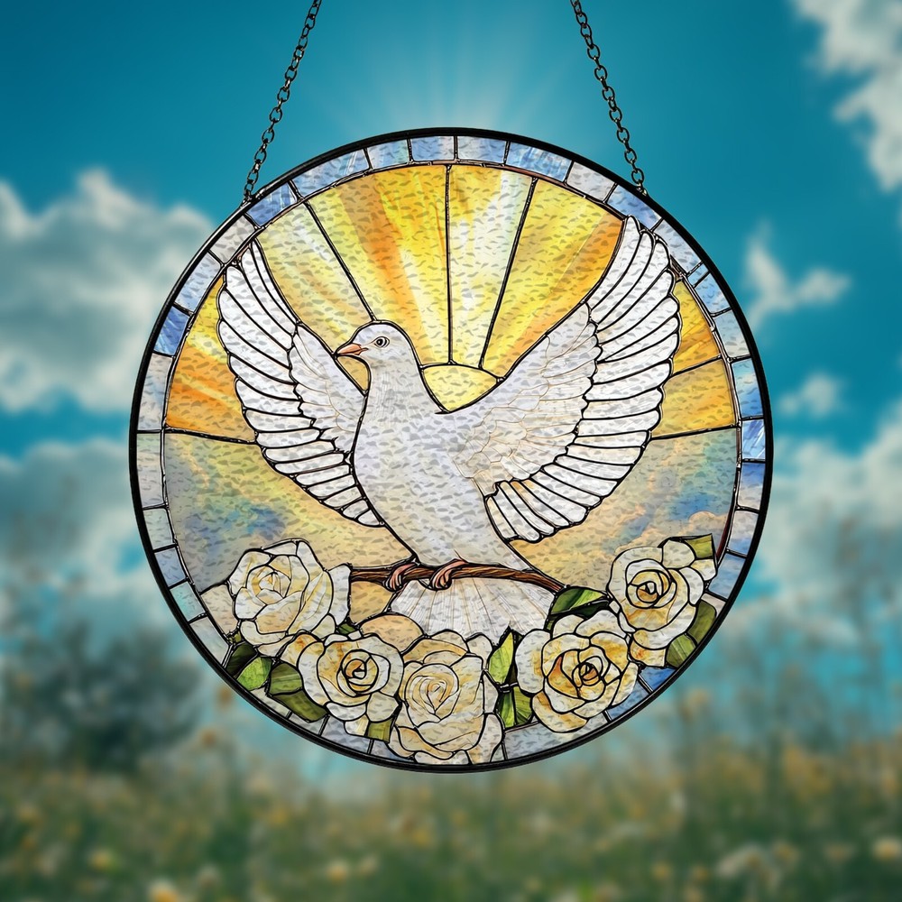 White Dove Stained Glass Suncatcher, Peace Bird Window Hanging with Roses