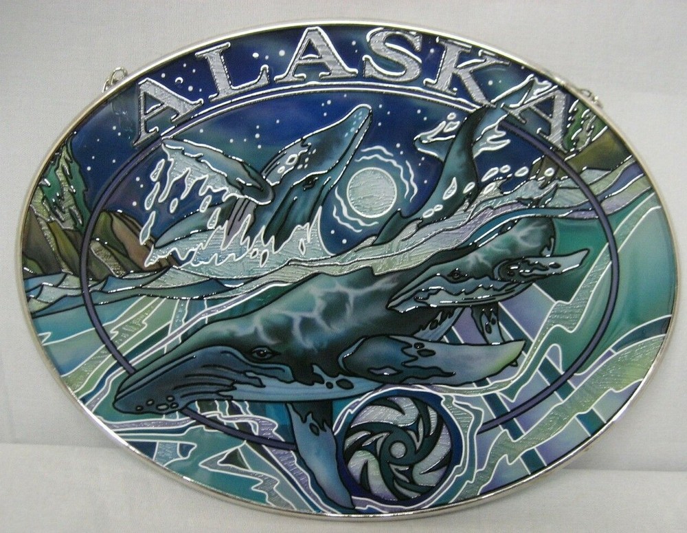 Amia Alaska Humpbacks Hand-Painted Glass Suncatcher 5-1/4″ X 7″ 7577