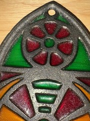 8×4” Multi-colored Stained Glass Suncatcher Green,red, & Yellow, Pewter, Vintage