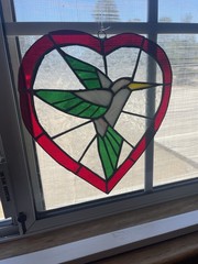 Heart and Hummingbird Stain Glass Suncatcher 9×9 Inch – Glass Window Hanging