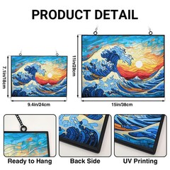 HYPESTYLE Rectangle Ocean Wave Stained Glass Suncatcher 4 Season Colorful Window