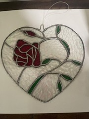 Vintage Leaded Stained Glass Iridescent Red Rose Heart Shape Sun Catcher 9″