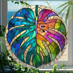 Tropical Monstera Leaf Round Acrylic Suncatcher Indoor Outdoor Plant Lover Gift