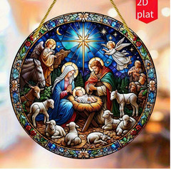 Birth of Jesus Suncatcher, Acrylic, 2D, Stained Glass Look,5.9″, Nativity/Manger