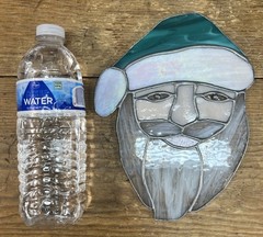 Stained Glass Santa Clause Face Green Hat Suncatcher 9 x 7”