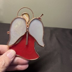 Red Stained Glass Angel Christmas Ornament With Etched Wings Gold Trim 4.5 by 3”