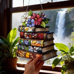 Book Lover Acrylic SuncatcheBookr Stacked Books with Flowers Window Hanging Gift