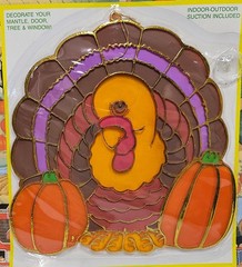 Jumbo Thanksgiving Suncatcher Stained Glass Style Vtg Turkey Fall