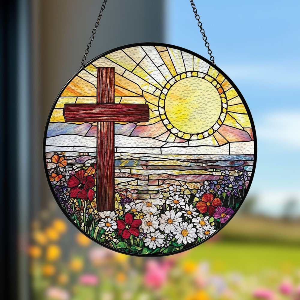 Christian Cross Stained Glass Suncatcher, Floral Sunrise Window Hanging