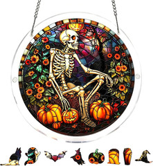 7.8 Inch Halloween Suncatcher, Skeleton Pumpkin Patch Decor | 7.8 Inch Acrylic H