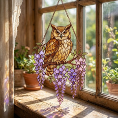 Owl Wisteria Flat Acrylic Suncatcher Cottage Garden Window Decor