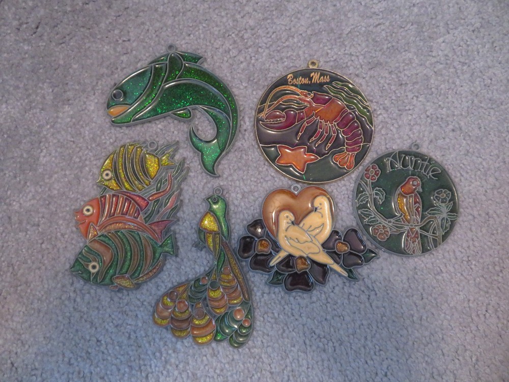 Vtg Lot of 6 Sun Catchers Stained Glass Acrylic and Metal Fish, Birds, Travel