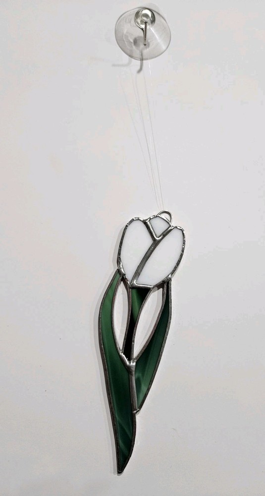 Vintage Stained Glass Suncatcher White Tulip w/Green Leaves 6″ with Suction Cup