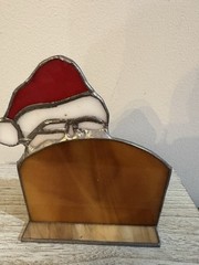 Stained Glass Metal Santa Face Christmas Box Planter Card Holder Candle Vtg