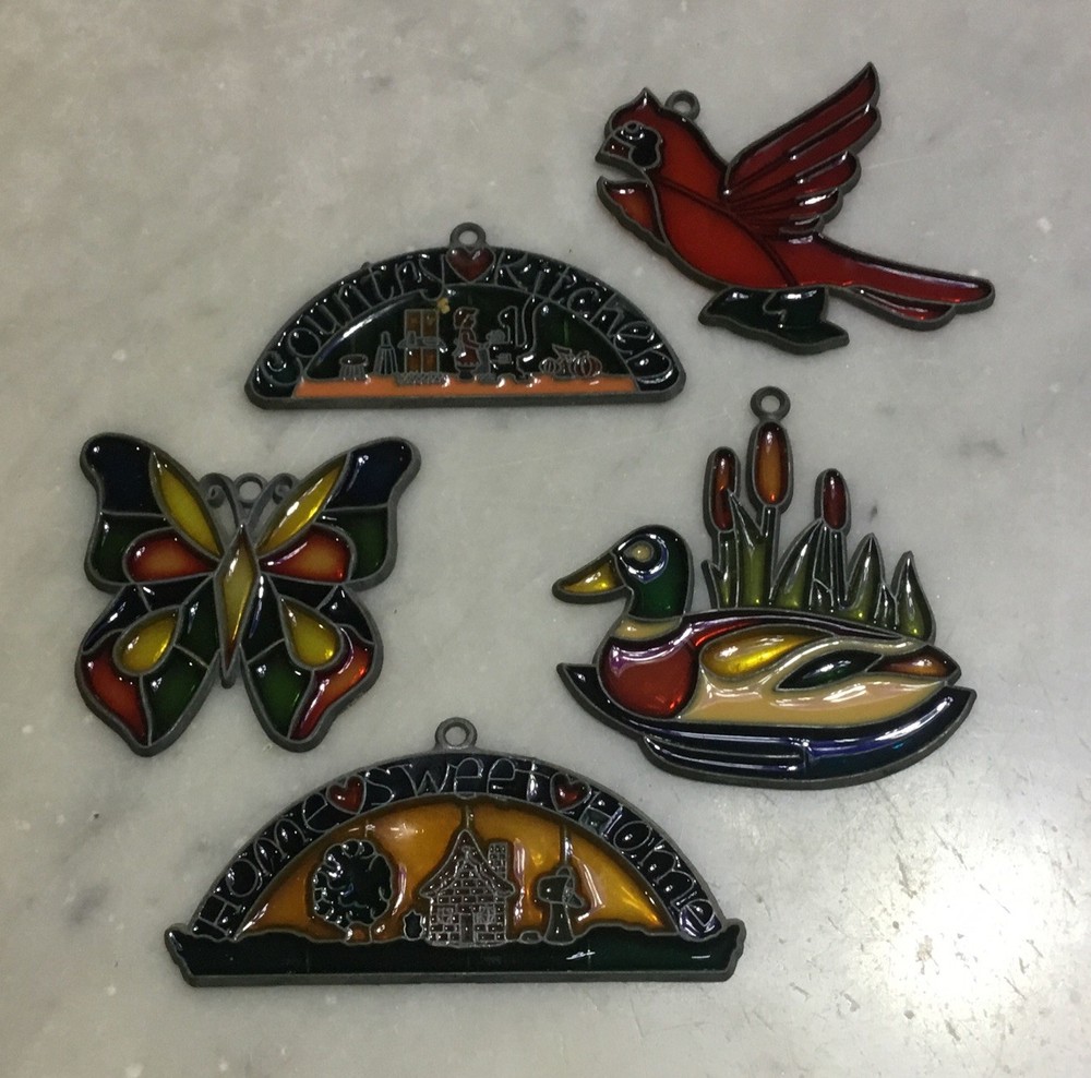 Vtg. Lot 5 Stained Glass Looking Duck Red bird Others Sun Catcher……….[S2-2]