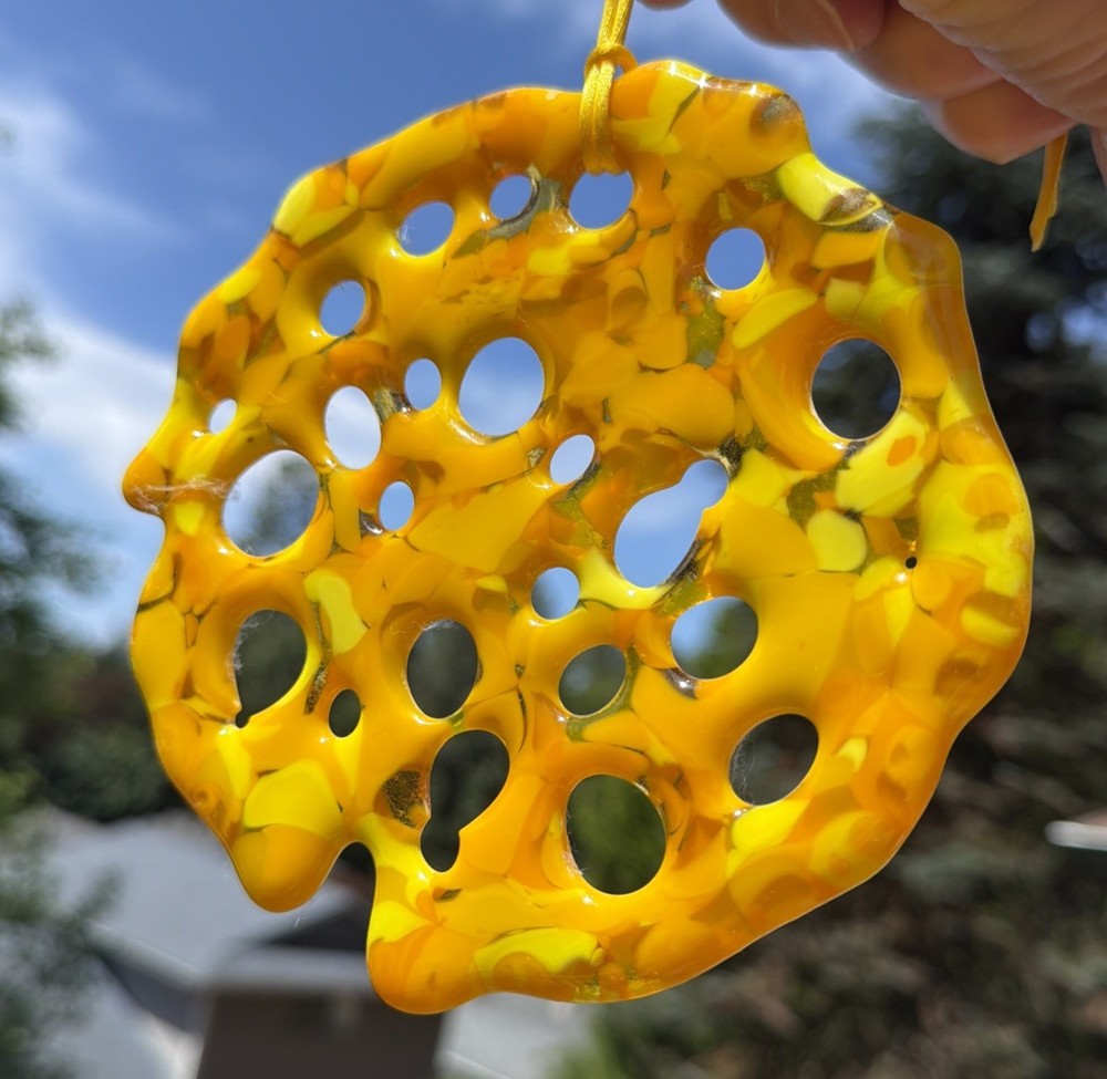Fused Glass Handmade Round Brilliant Yellow Sun Catcher Signed By Artist