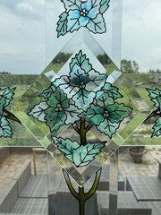 Vintage Window Art Hand Painted Glass Cross Suncatcher 10 X 6.5”