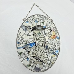Garden Birds On The Feeder Art Glass Suncatcher Chickadee Bluebird Floral AMIA