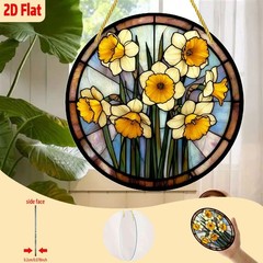 Vintage Daffodils Acrylic Suncatcher, Round Floral Window Wall Spring Home Decor