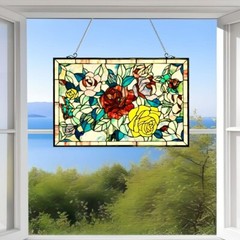 Roses Themed Tiffany Style Window Panel Suncatcher Stained Glass 27inWx19in