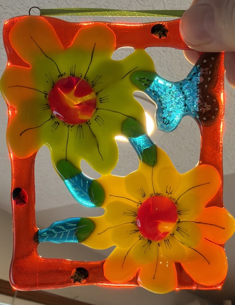 Fused Glass Handmade Rectangular Multicolor Sun Catcher Signed By Artist