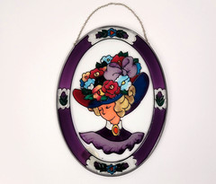 Vintage Joan Baker Stained Glass Victorian Lady Hanging Window Art Hand Painted