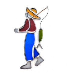 Vintage Stained Glass Fisherman Sun Catcher Man Fishing w/ Fish Hanging Decor