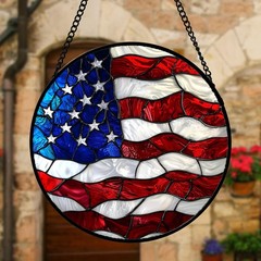 Stained Glass Sun Catcher, Blue White Red Flag Pattern, 6.3×6.3 in Decor