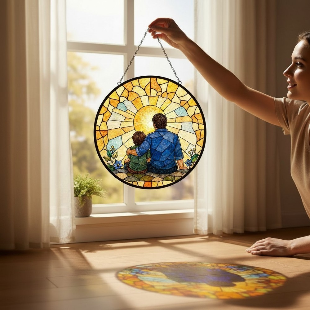 Father And Son Sunset Stained Glass Suncatcher, Fatherhood Keepsake Glass Panel