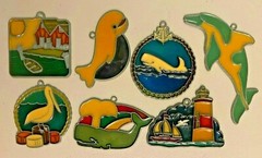 Vintage Lot of 7 Sun Catchers Stained Glass Acrylic Metal OCEAN Birds Whale 1980