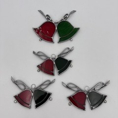 4 Set Of Christmas Bells Stained Glass Hangers Red And Green 1 Large 3 Small