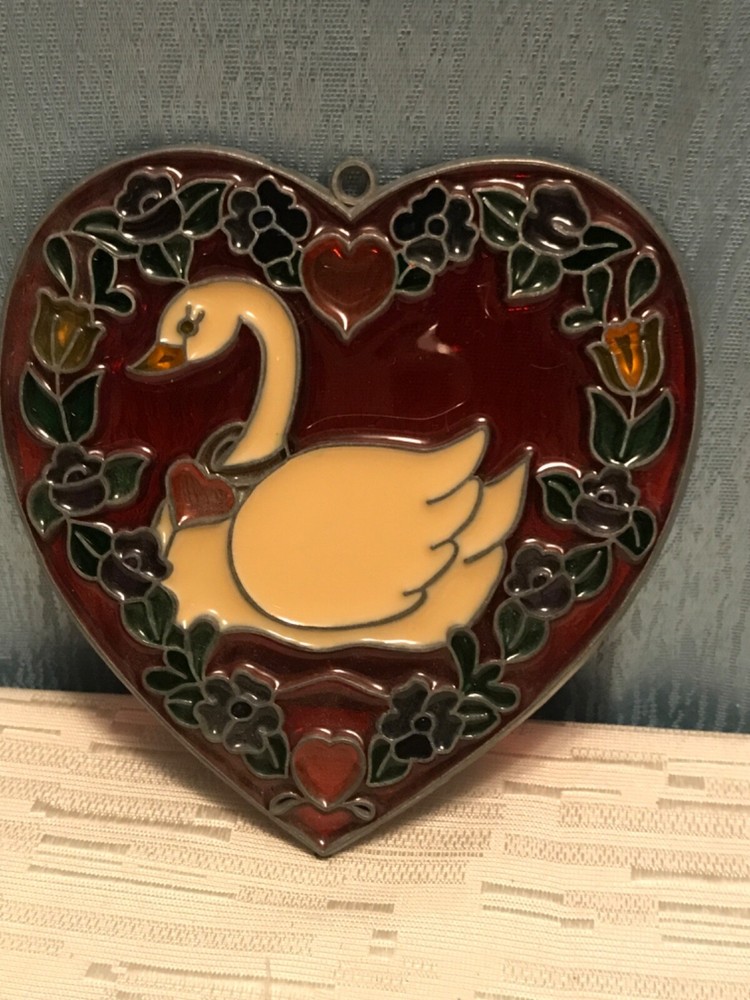 VINTAGE STAINED GLASS SUNCATCHER ” SWAN IN A HEART”