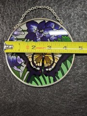 Stained Glass Butterfly Suncatcher 4.5 Inch Round Floral Purple Yellow Art…