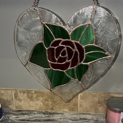 Stained Glass Heart Rose Suncatcher Window Hanging Green Red Clear 8×9 in