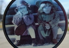 Children old photo dress up circle shape silver tone edge suncatcher 3 1/8 in d